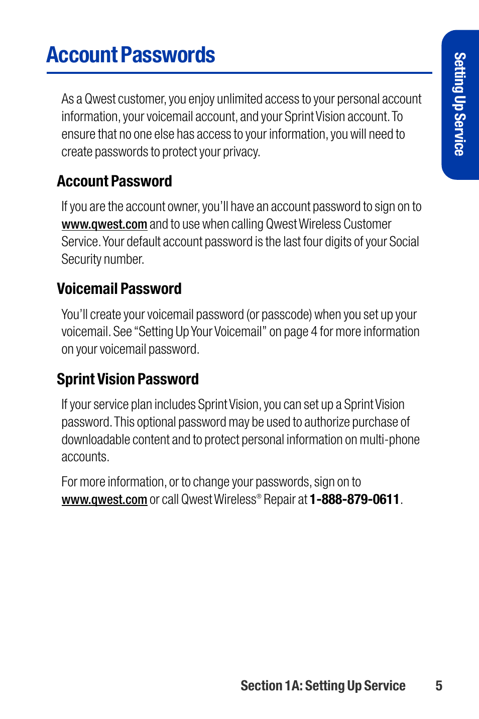Account passwords | Qwest SCP-3200 User Manual | Page 21 / 241