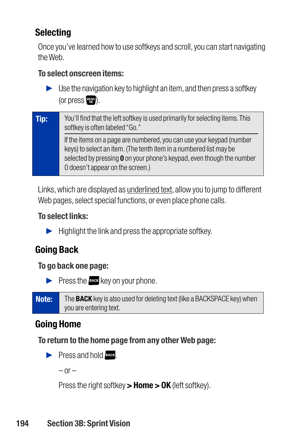 Selecting, Going back, Going home | Qwest SCP-3200 User Manual | Page 210 / 241