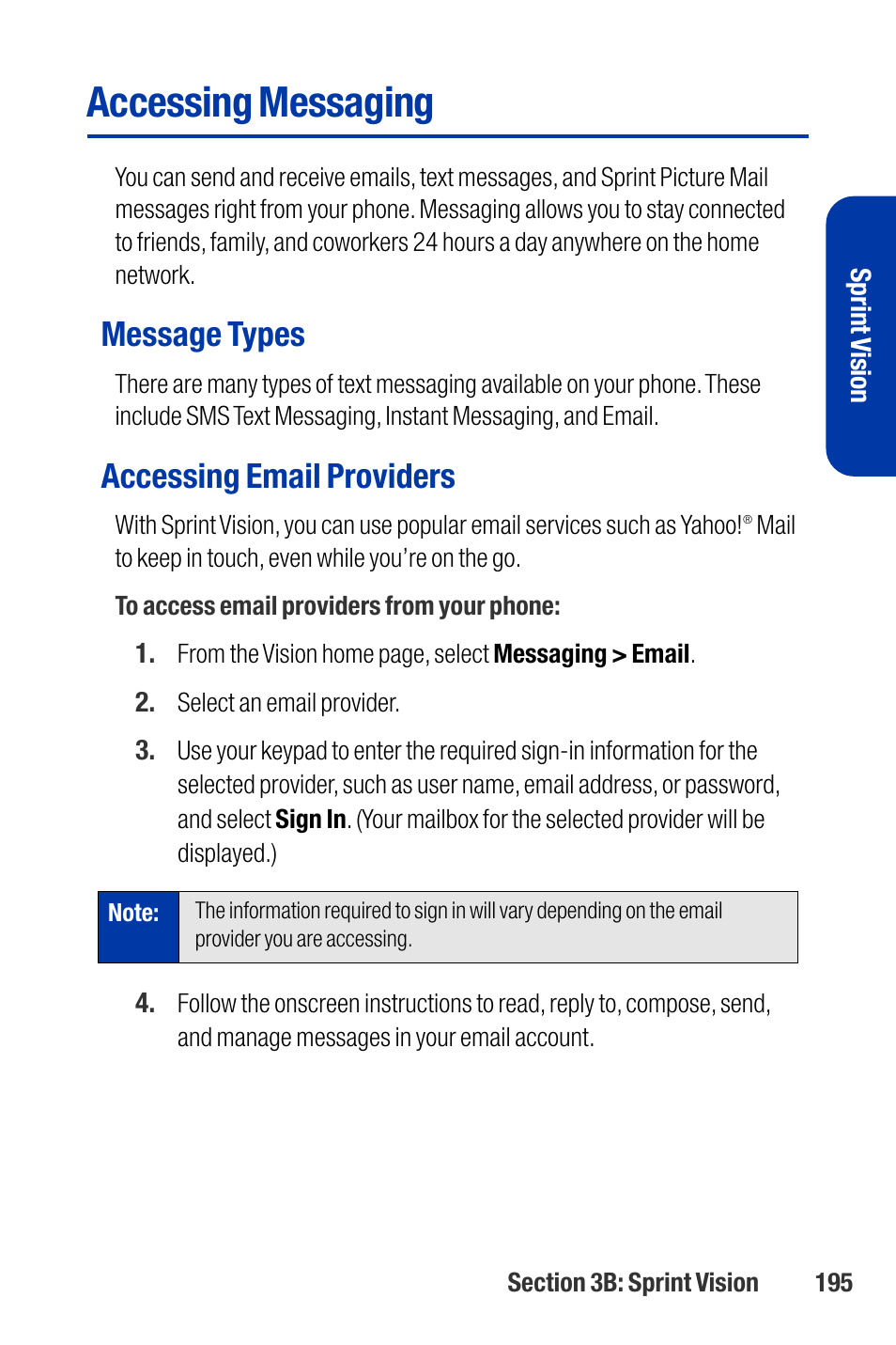 Accessing messaging, Message types, Accessing email providers | Qwest SCP-3200 User Manual | Page 211 / 241