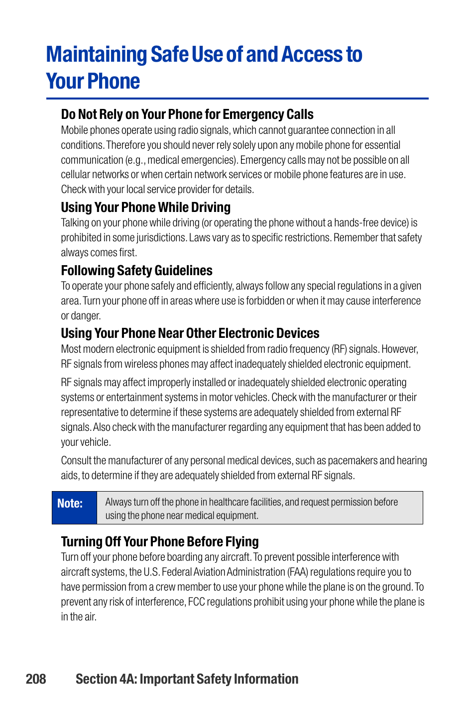 Maintaining safe use of and access to your phone | Qwest SCP-3200 User Manual | Page 224 / 241