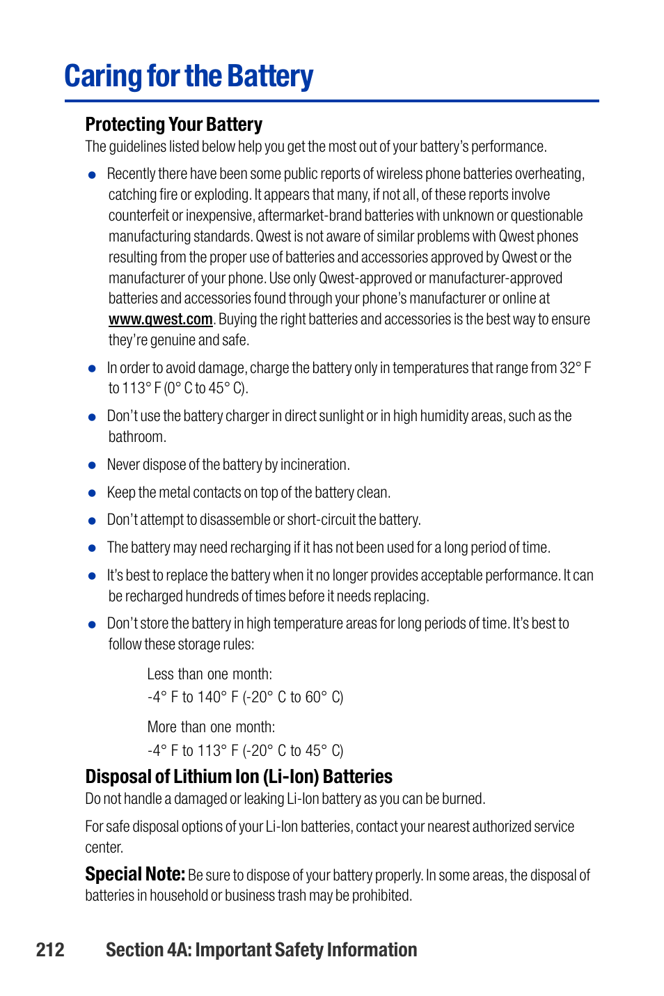 Caring for the battery, Protecting your battery, Disposal of lithium ion (li-ion) batteries | Qwest SCP-3200 User Manual | Page 228 / 241