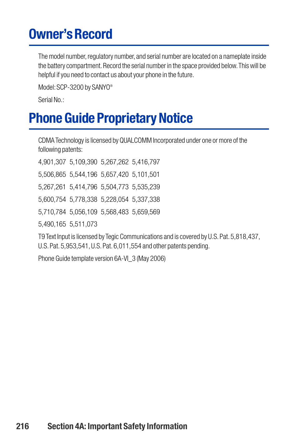 Owner’s record, Phone guide proprietary notice | Qwest SCP-3200 User Manual | Page 232 / 241