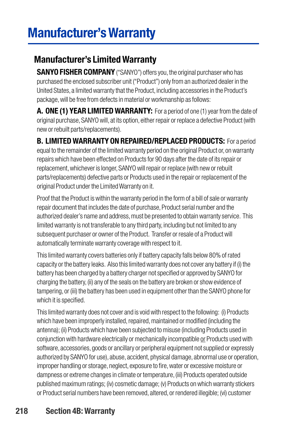 Manufacturer’s warranty, Manufacturer’s limited warranty | Qwest SCP-3200 User Manual | Page 234 / 241
