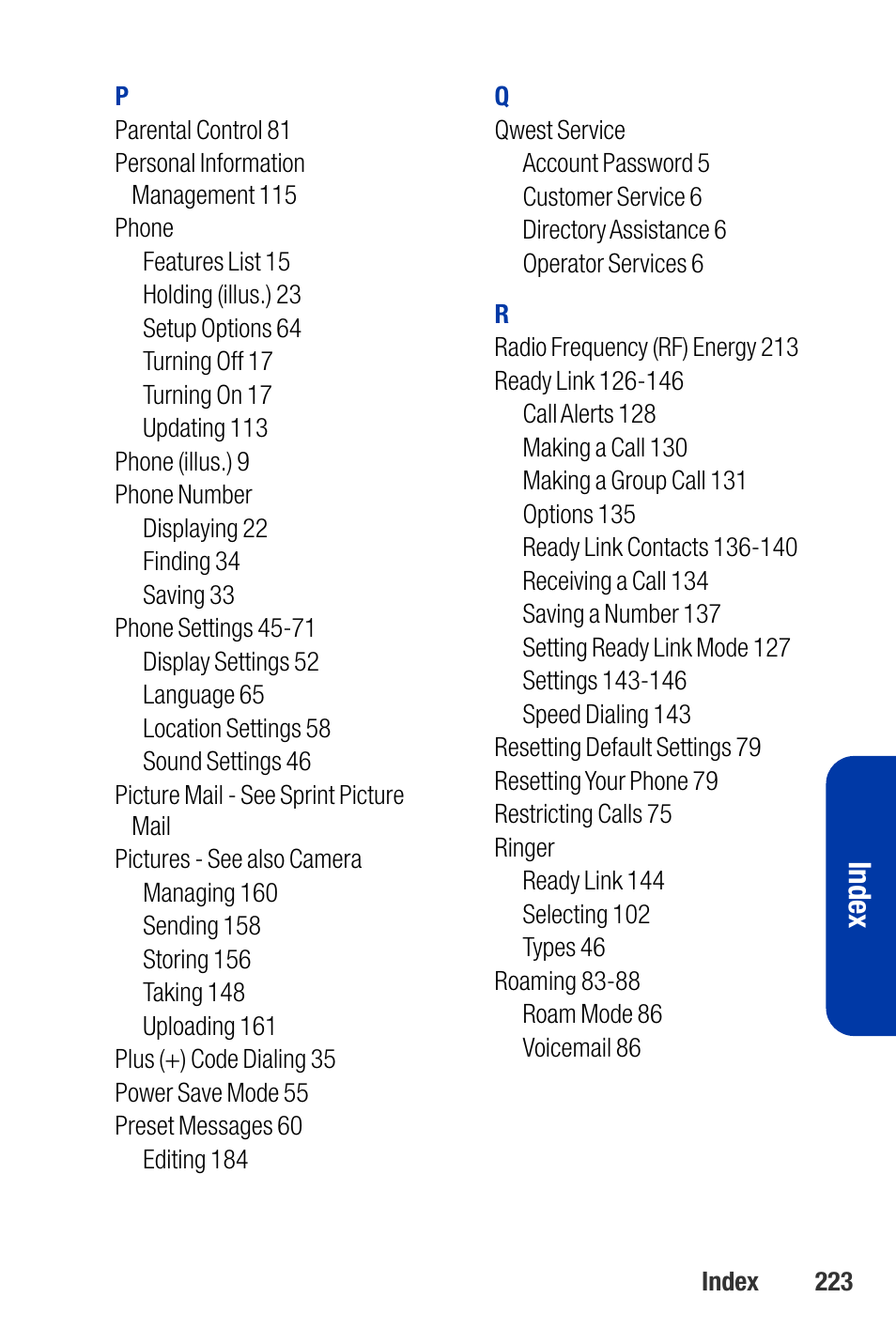 Inde x | Qwest SCP-3200 User Manual | Page 239 / 241