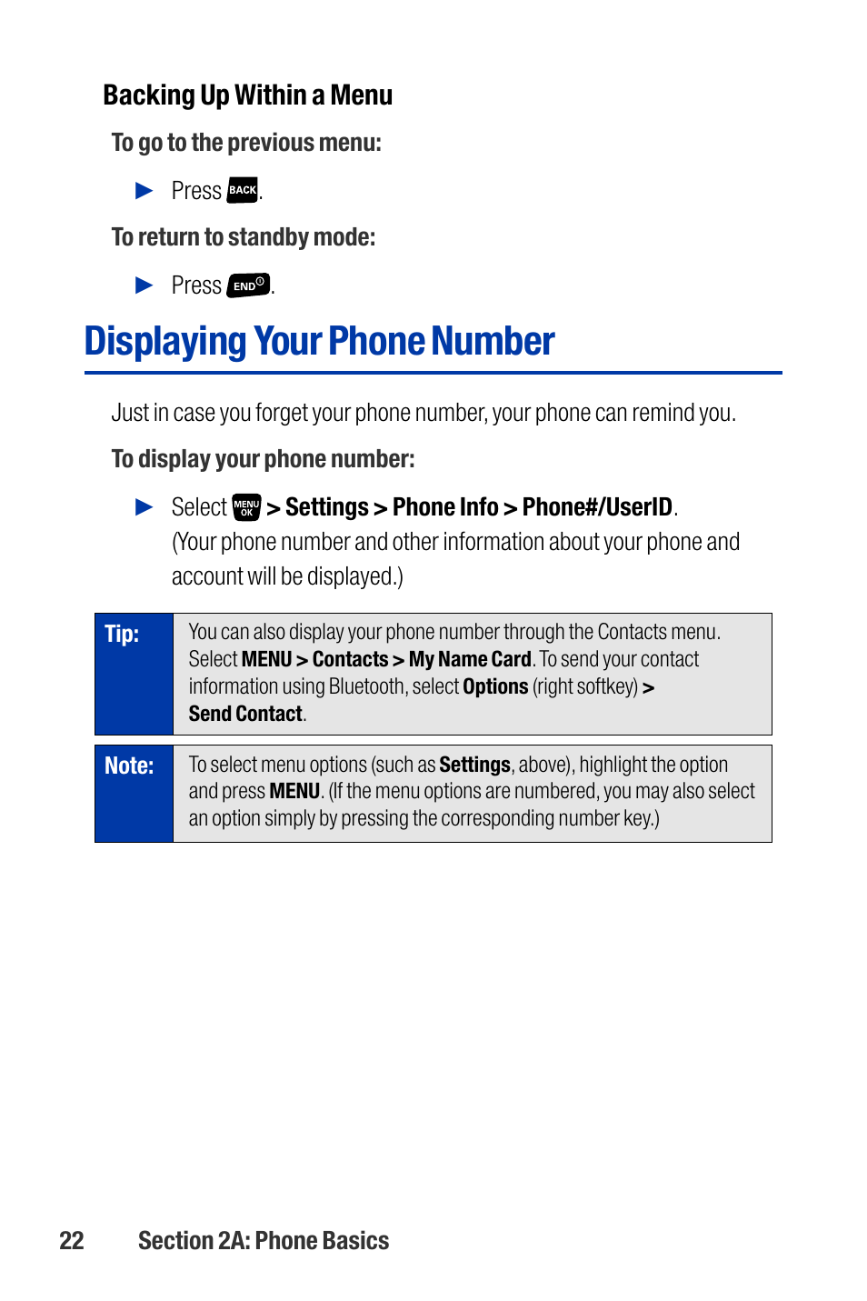 Displaying your phone number, Backing up within a menu | Qwest SCP-3200 User Manual | Page 38 / 241