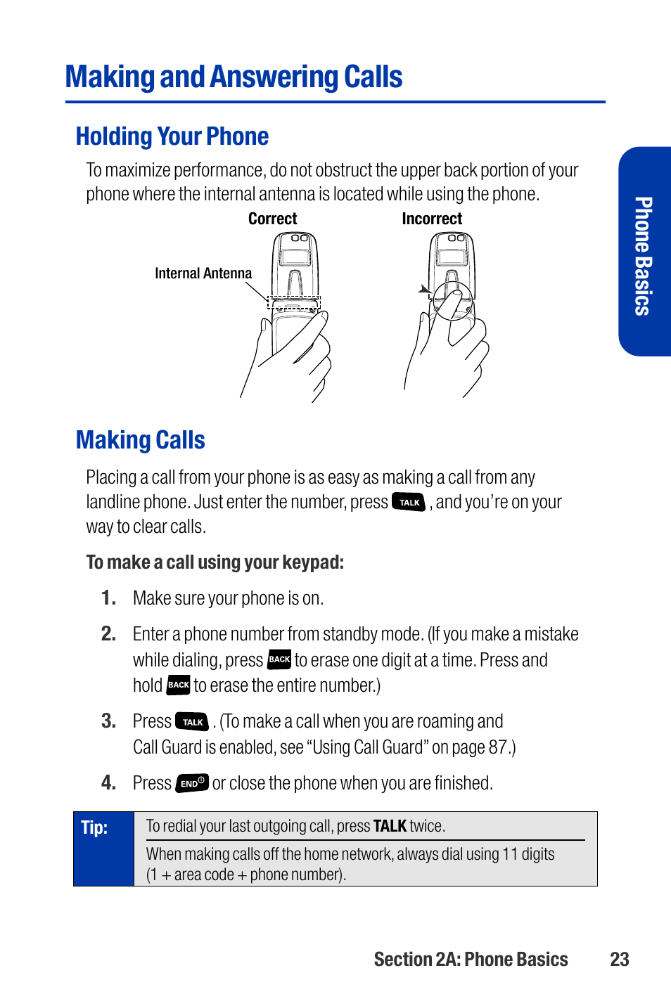 Making and answering calls, Holding your phone, Making calls | Phone basics | Qwest SCP-3200 User Manual | Page 39 / 241