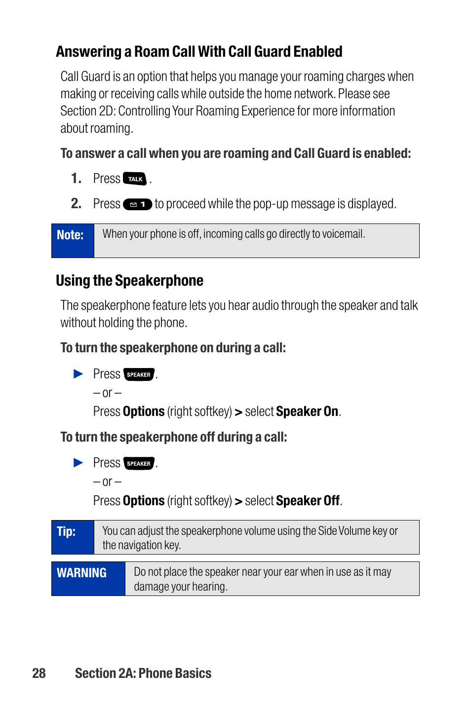 Answering a roam call with call guard enabled, Using the speakerphone | Qwest SCP-3200 User Manual | Page 44 / 241