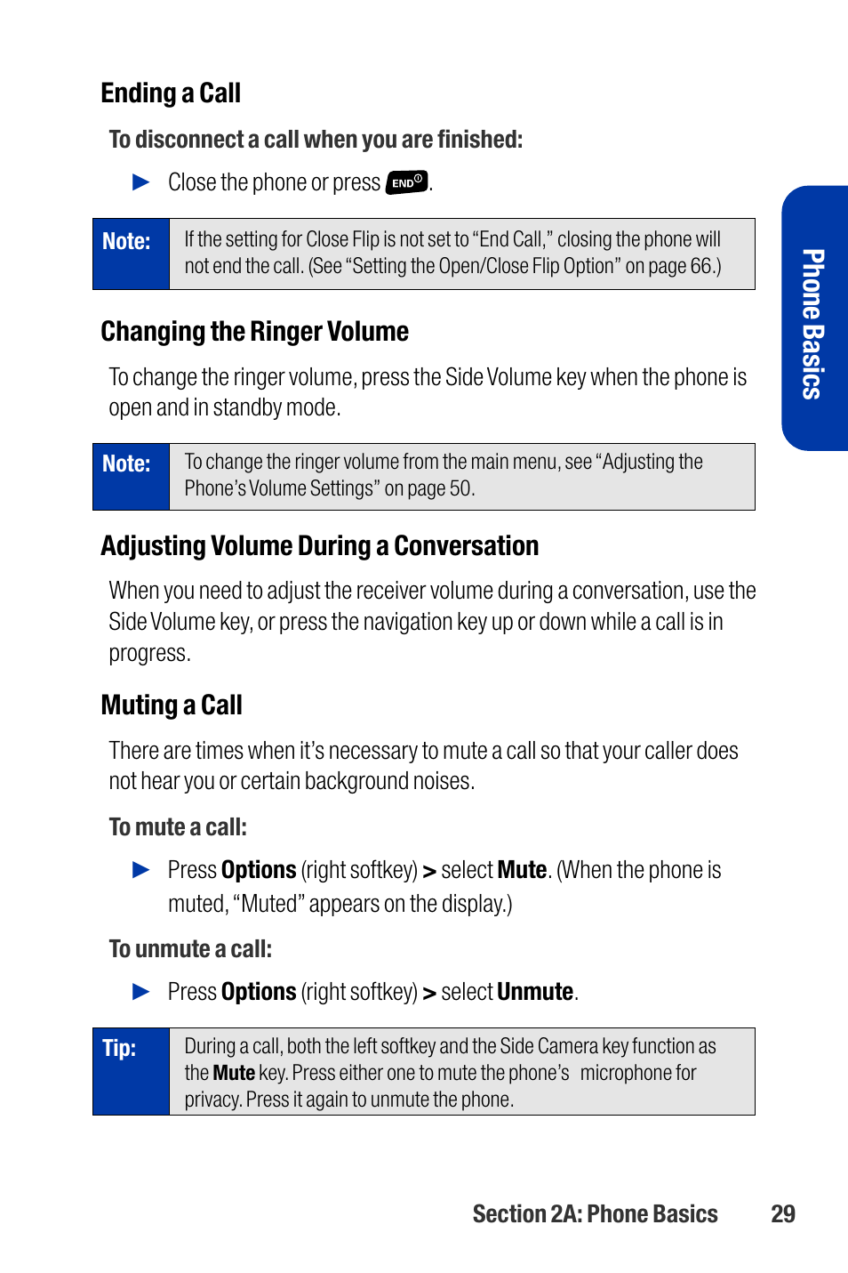 Phone basics, Ending a call, Changing the ringer volume | Adjusting volume during a conversation, Muting a call | Qwest SCP-3200 User Manual | Page 45 / 241