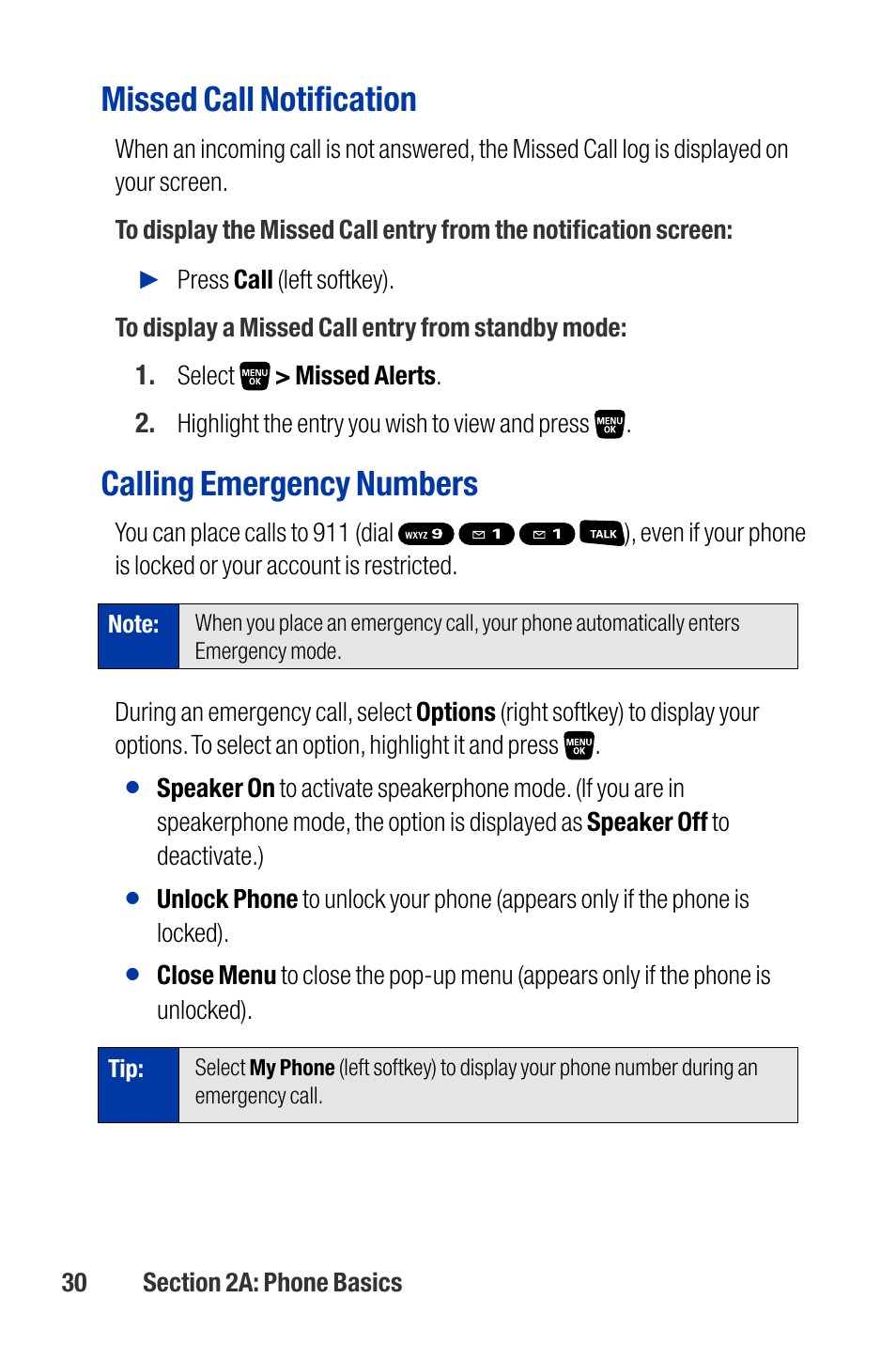 Missed call notification, Calling emergency numbers | Qwest SCP-3200 User Manual | Page 46 / 241