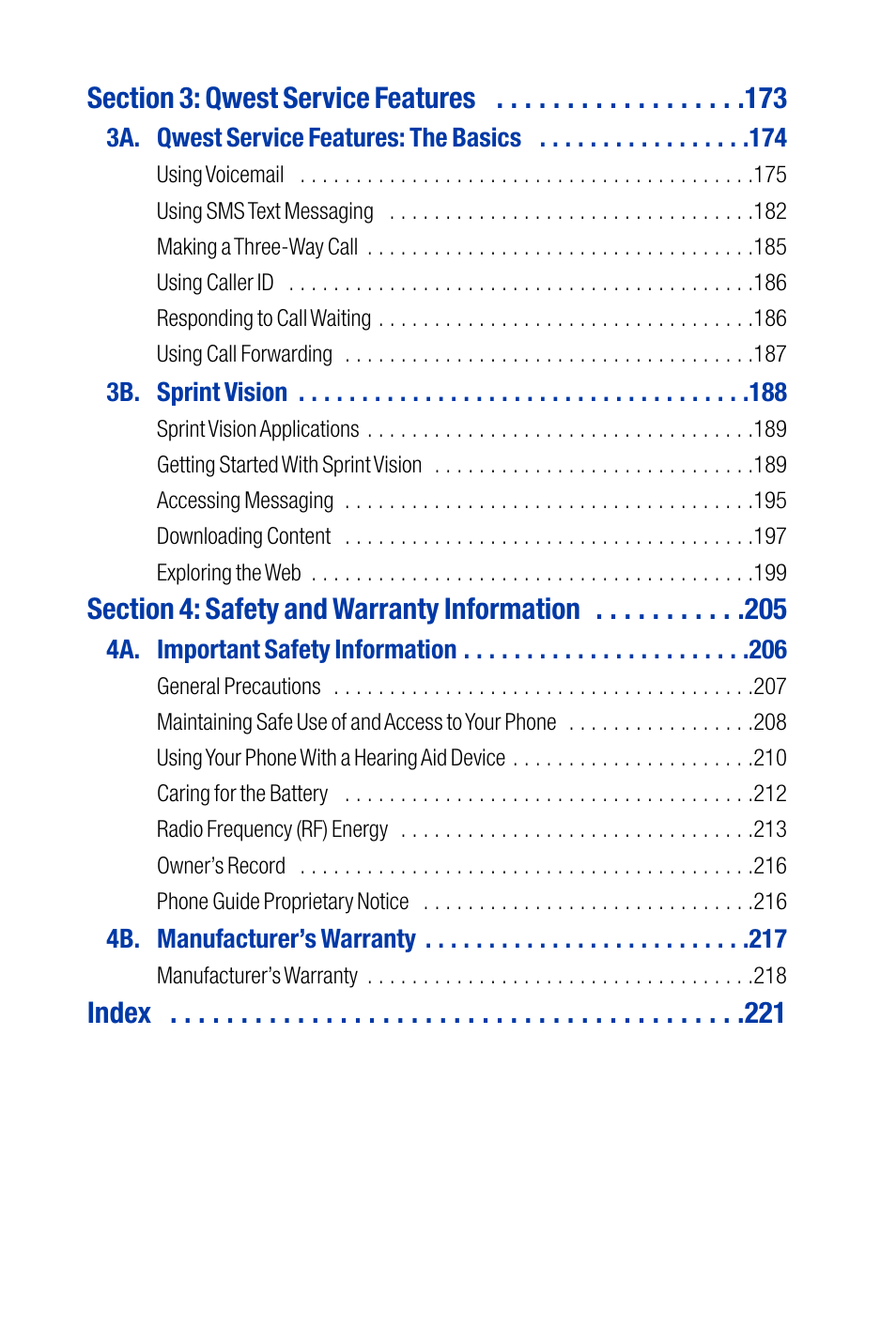 Index | Qwest SCP-3200 User Manual | Page 5 / 241