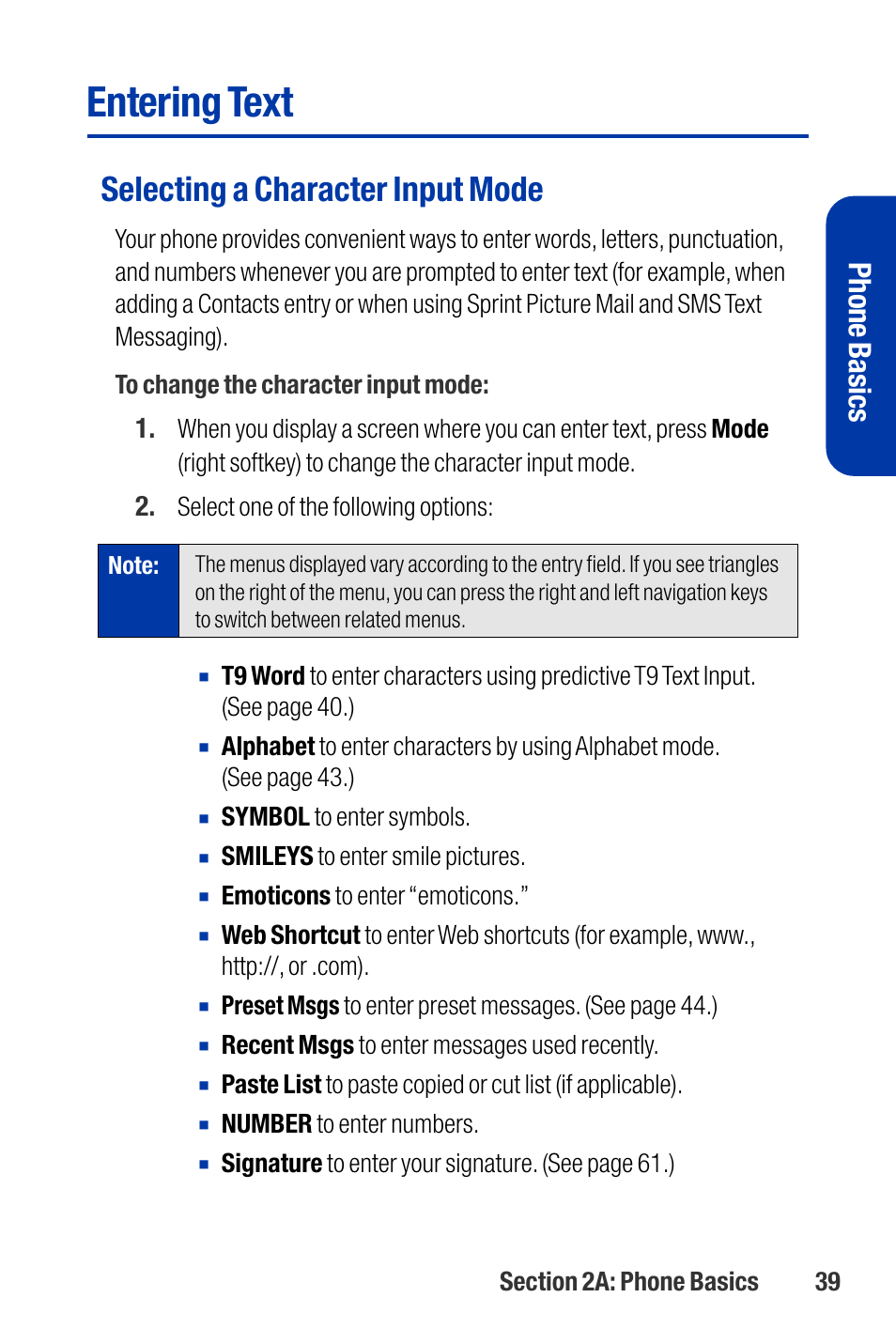 Entering text, Selecting a character input mode, Phone basics | Qwest SCP-3200 User Manual | Page 55 / 241