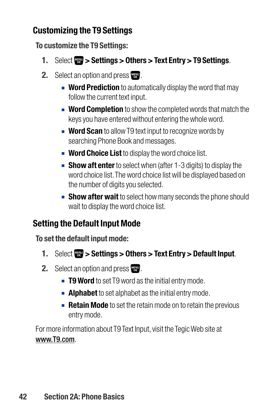 Customizing the t9 settings, Setting the default input mode | Qwest SCP-3200 User Manual | Page 58 / 241