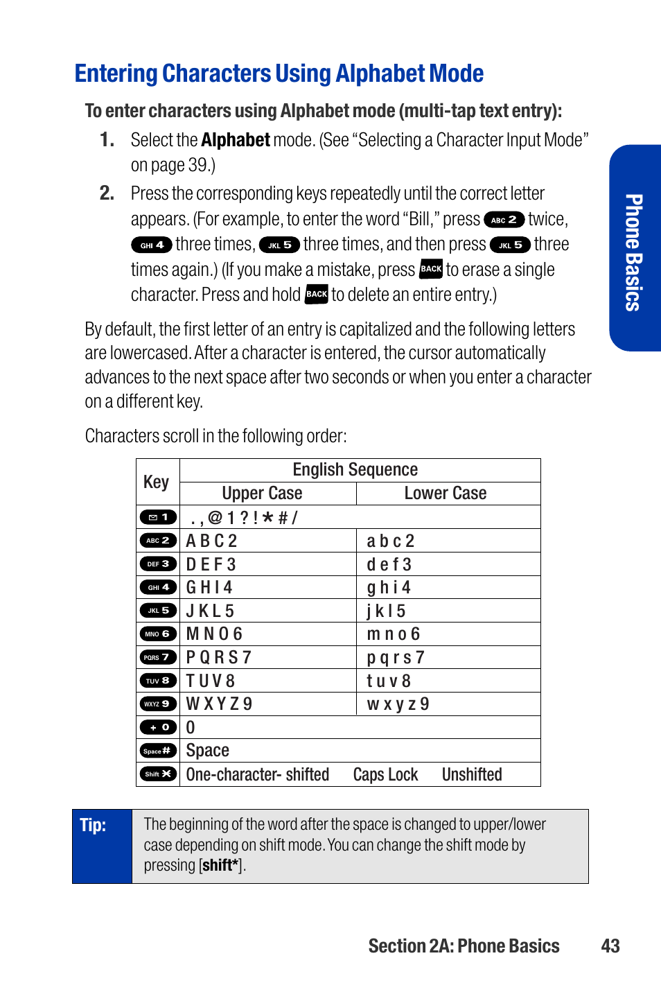 Entering characters using alphabet mode, Phone basics | Qwest SCP-3200 User Manual | Page 59 / 241