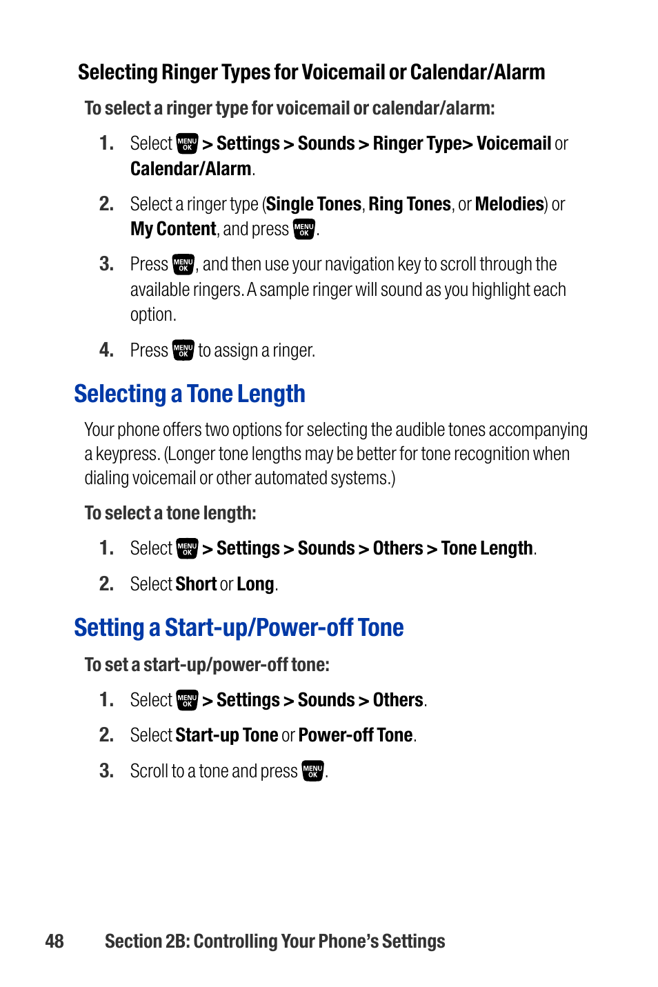 Selecting a tone length, Setting a start-up/power-off tone | Qwest SCP-3200 User Manual | Page 64 / 241