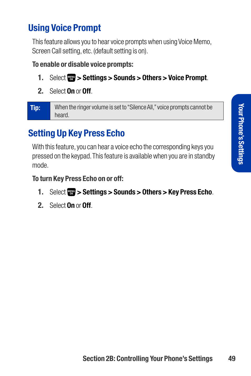 Using voice prompt, Setting up key press echo | Qwest SCP-3200 User Manual | Page 65 / 241