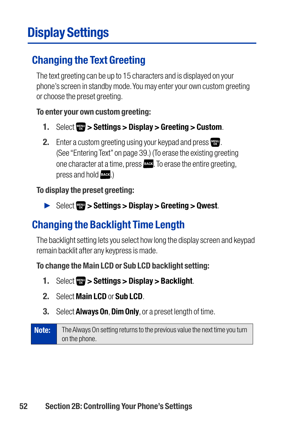 Display settings, Changing the text greeting, Changing the backlight time length | Qwest SCP-3200 User Manual | Page 68 / 241