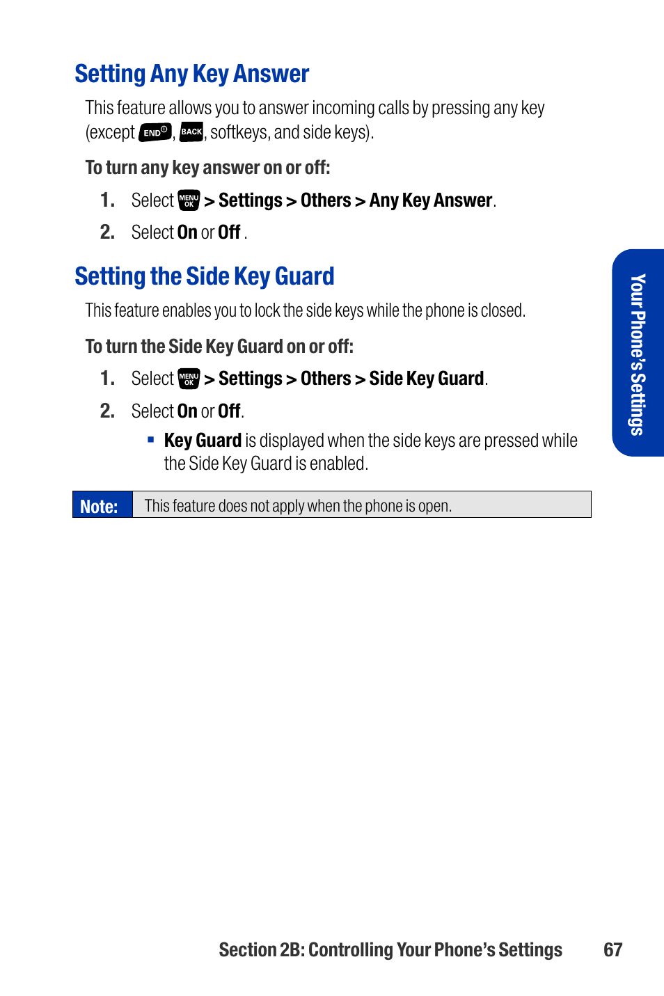 Setting any key answer, Setting the side key guard | Qwest SCP-3200 User Manual | Page 83 / 241