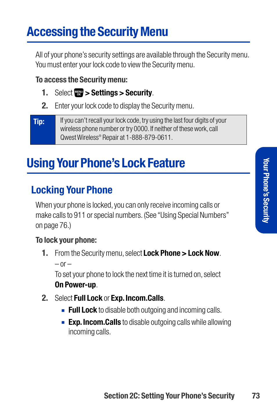 Accessing the security menu, Using your phone’s lock feature, Locking your phone | Qwest SCP-3200 User Manual | Page 89 / 241