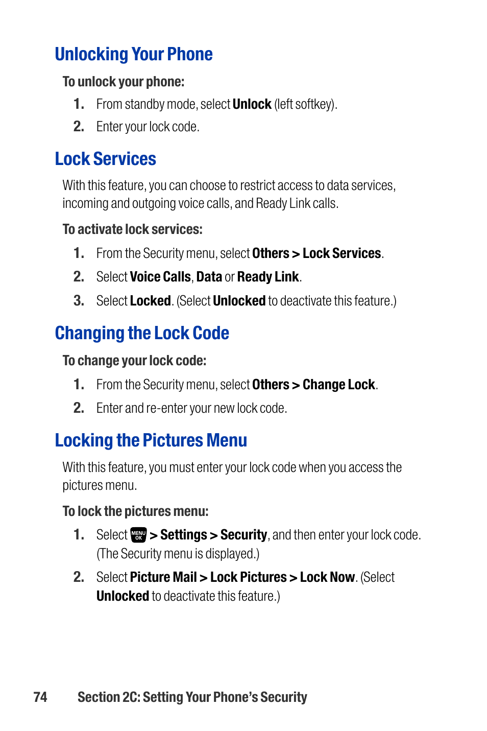Unlocking your phone, Lock services, Changing the lock code | Locking the pictures menu | Qwest SCP-3200 User Manual | Page 90 / 241