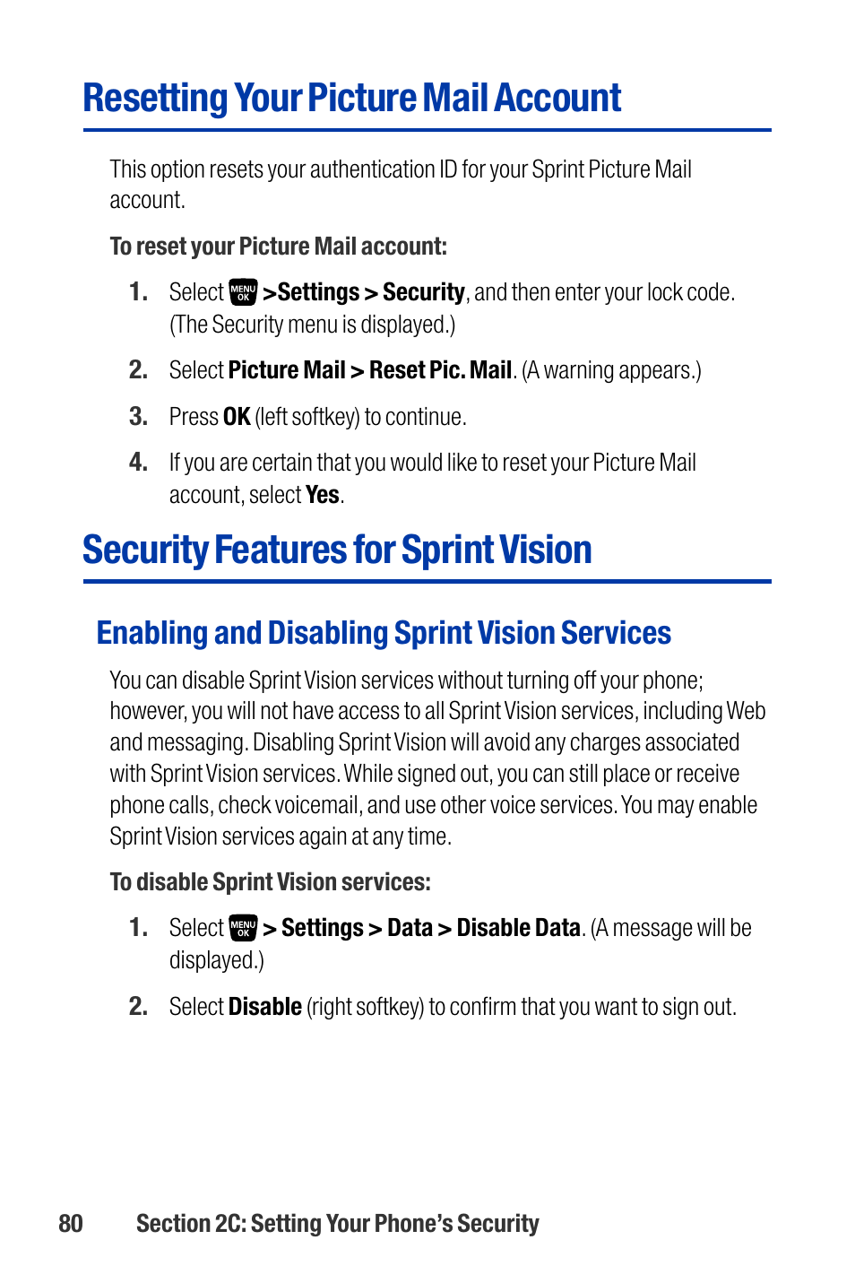 Resetting your picture mail account, Security features for sprint vision, Enabling and disabling sprint vision services | Qwest SCP-3200 User Manual | Page 96 / 241