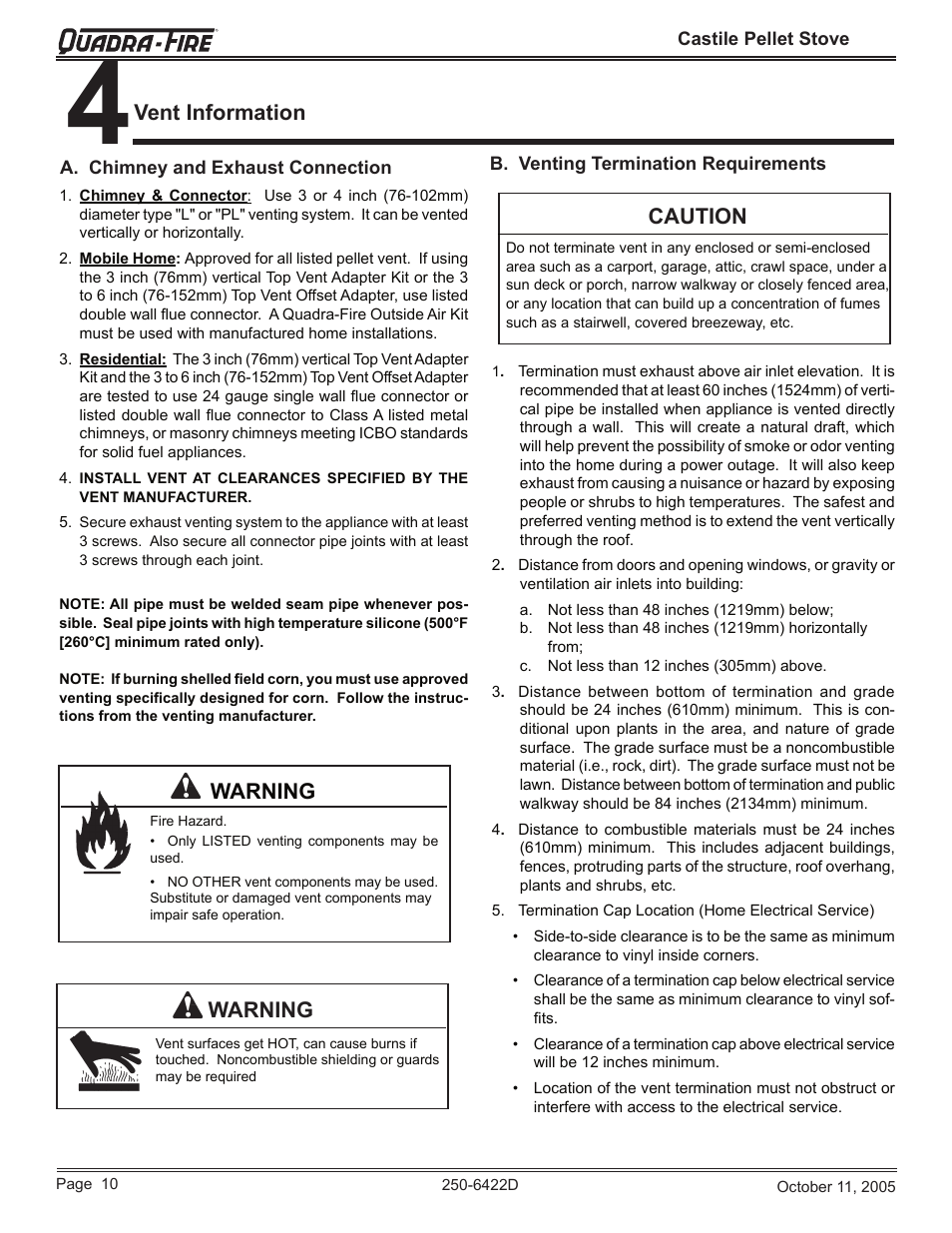 Caution, Warning, Vent information | Quadra-Fire CASTILE-CCR User Manual | Page 10 / 44