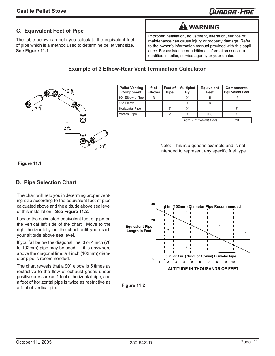 Warning, Castile pellet stove, D. pipe selection chart | C. equivalent feet of pipe | Quadra-Fire CASTILE-CCR User Manual | Page 11 / 44