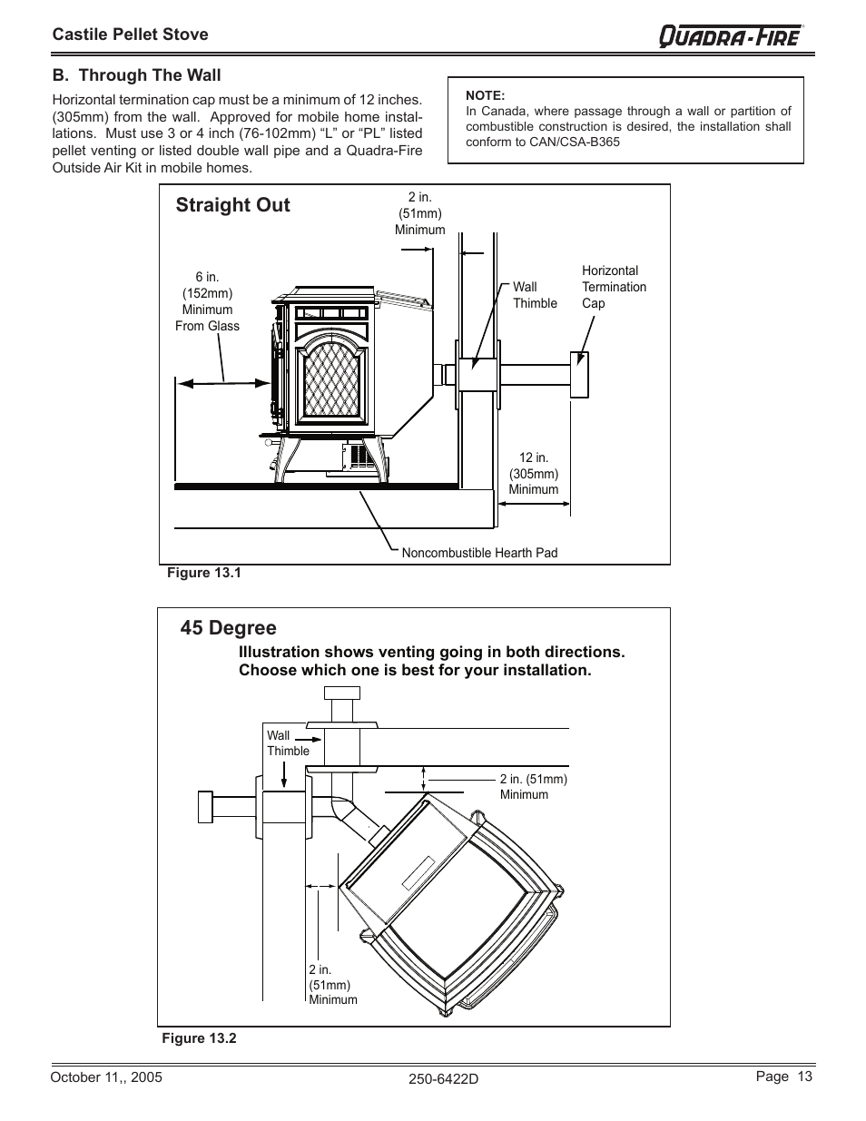 45 degree, Straight out, Castile pellet stove | B. through the wall | Quadra-Fire CASTILE-CCR User Manual | Page 13 / 44