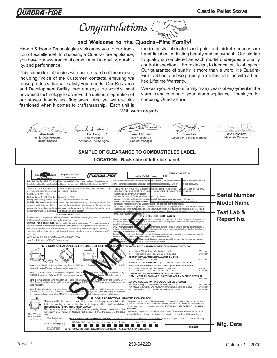 Sa mp le, And welcome to the quadra-fire family, Castile pellet stove | Quadra-Fire CASTILE-CCR User Manual | Page 2 / 44