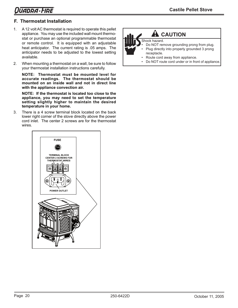 Caution, Castile pellet stove, F. thermostat installation | Quadra-Fire CASTILE-CCR User Manual | Page 20 / 44