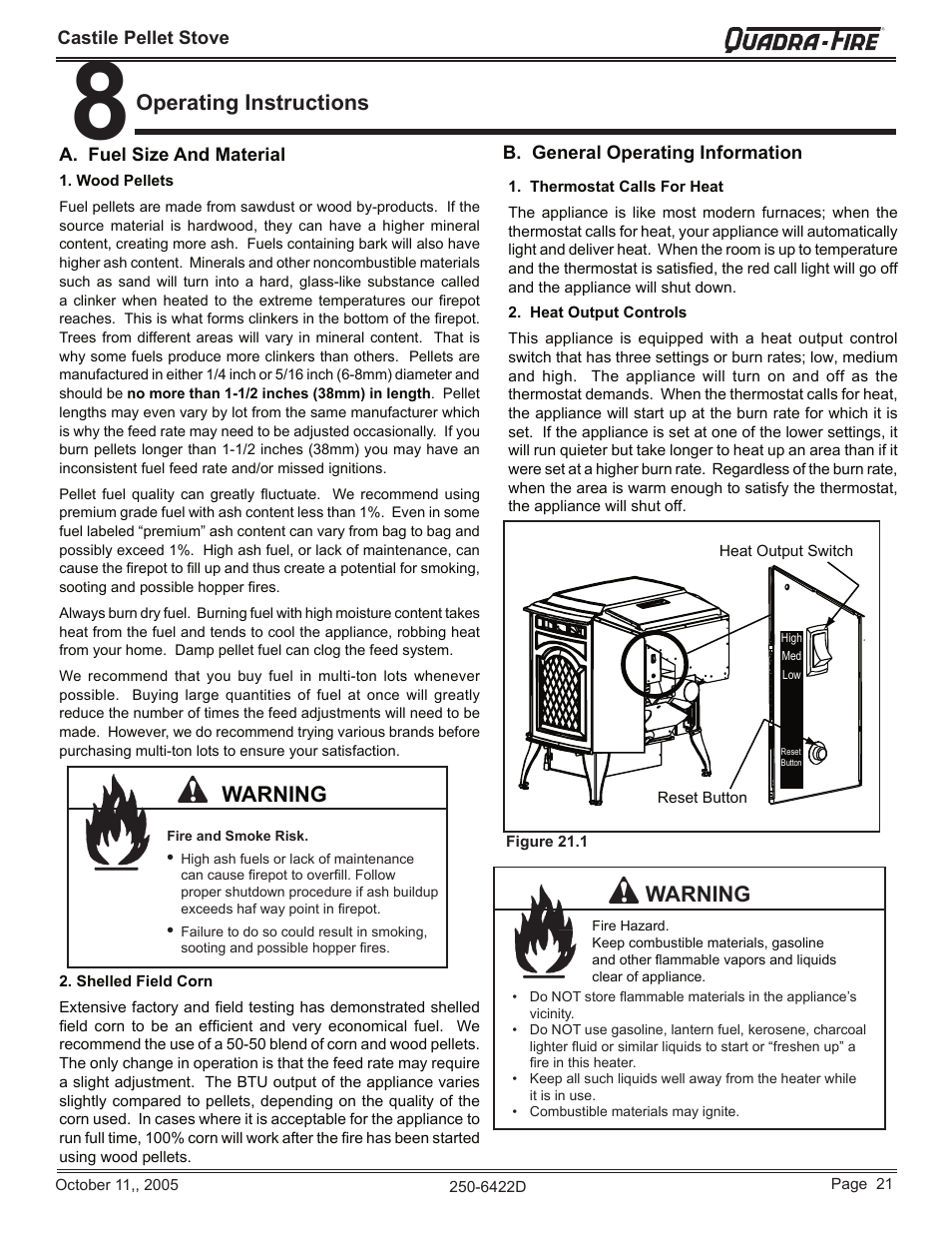Operating instructions, Warning | Quadra-Fire CASTILE-CCR User Manual | Page 21 / 44