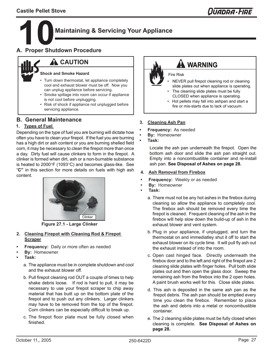 Warning, Maintaining & servicing your appliance, Caution | Quadra-Fire CASTILE-CCR User Manual | Page 27 / 44