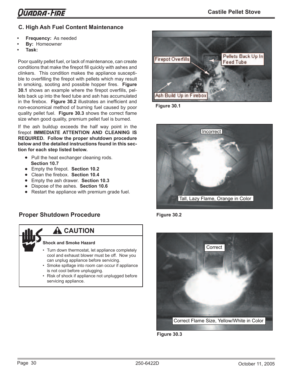 Caution, Proper shutdown procedure | Quadra-Fire CASTILE-CCR User Manual | Page 30 / 44