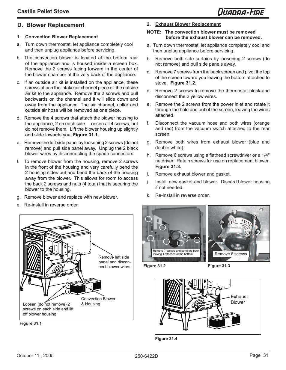 D. blower replacement, Castile pellet stove | Quadra-Fire CASTILE-CCR User Manual | Page 31 / 44