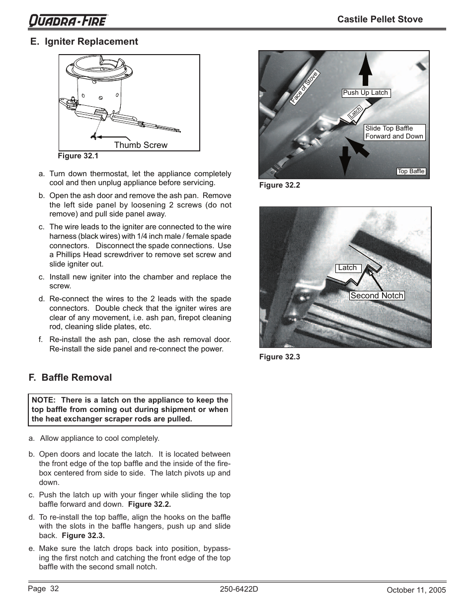 E. igniter replacement f. bafﬂe removal, Castile pellet stove | Quadra-Fire CASTILE-CCR User Manual | Page 32 / 44