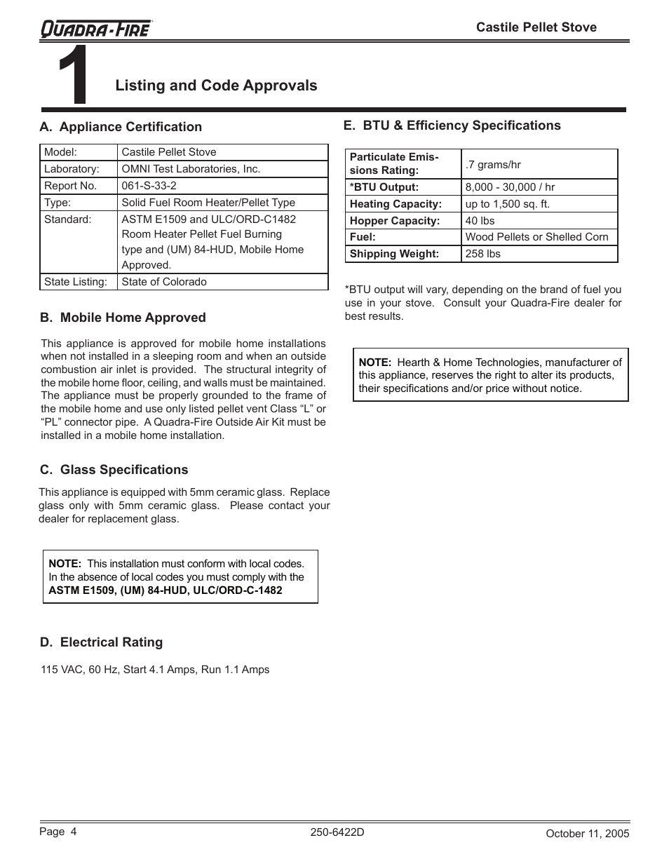 Listing and code approvals | Quadra-Fire CASTILE-CCR User Manual | Page 4 / 44