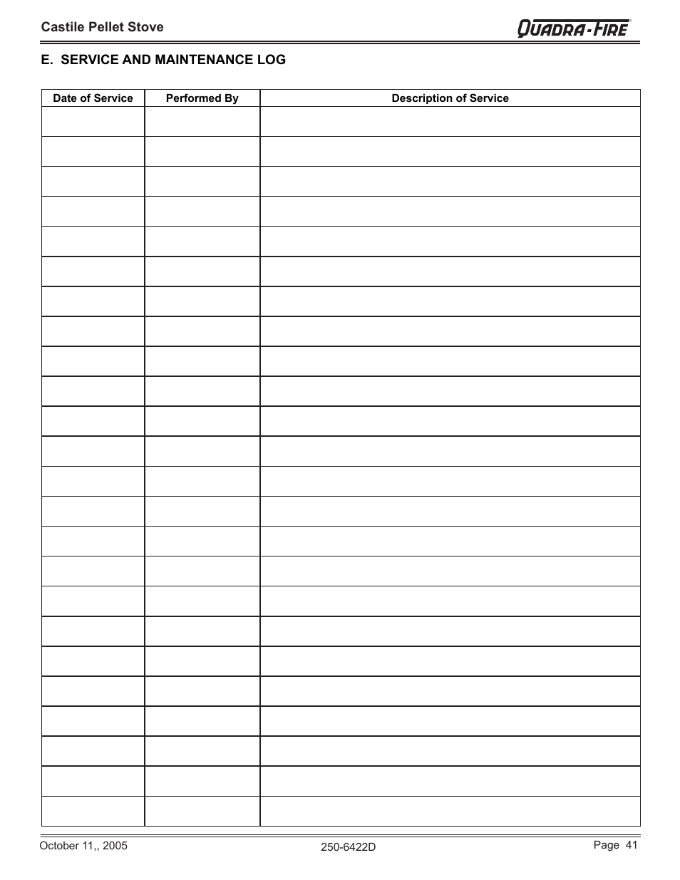 Castile pellet stove, E. service and maintenance log | Quadra-Fire CASTILE-CCR User Manual | Page 41 / 44