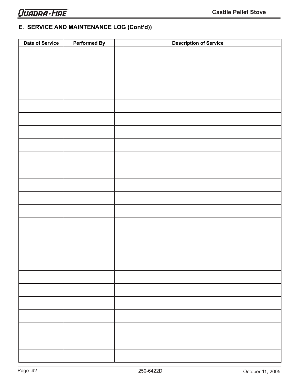 Castile pellet stove, E. service and maintenance log (cont’d)) | Quadra-Fire CASTILE-CCR User Manual | Page 42 / 44