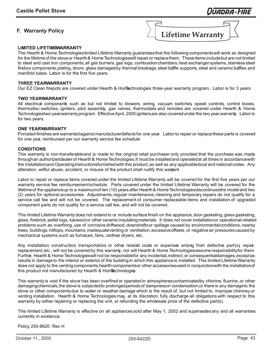 Lifetime warranty | Quadra-Fire CASTILE-CCR User Manual | Page 43 / 44