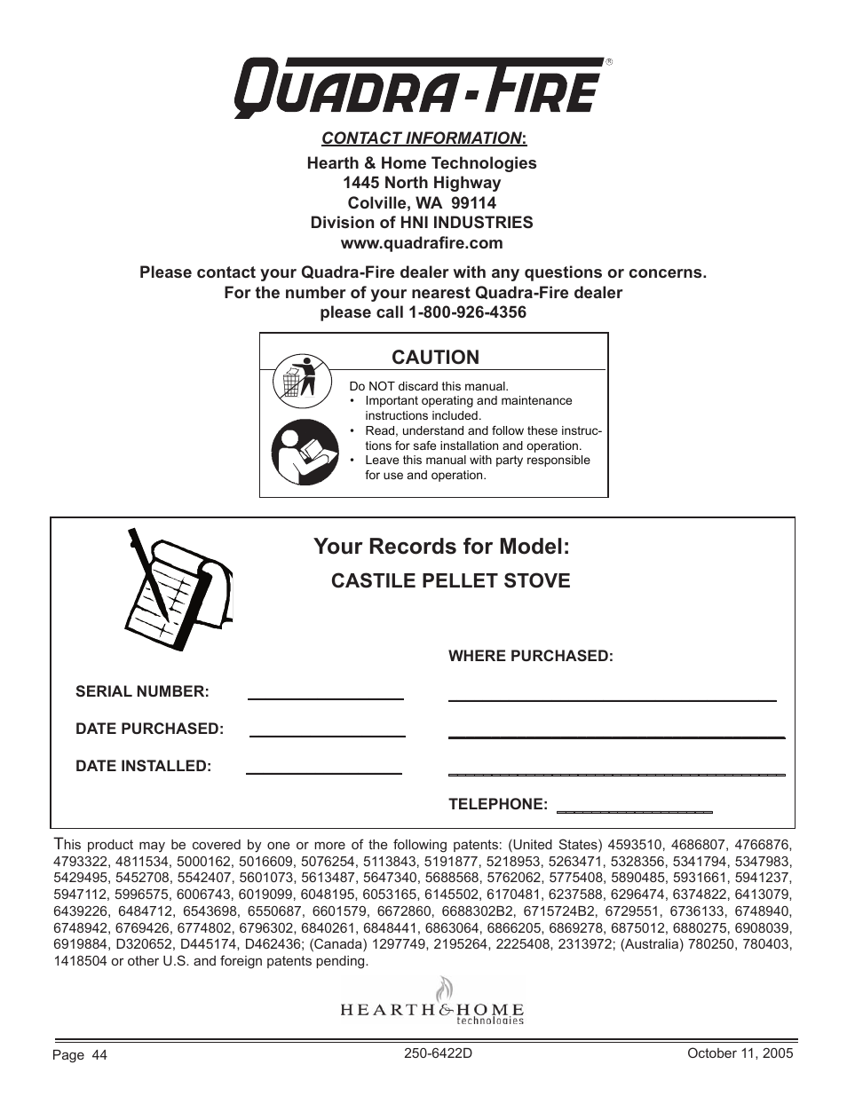 Your records for model, Castile pellet stove, Caution | Quadra-Fire CASTILE-CCR User Manual | Page 44 / 44