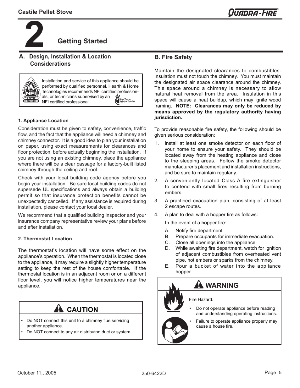 Getting started, Caution, Warning | Quadra-Fire CASTILE-CCR User Manual | Page 5 / 44