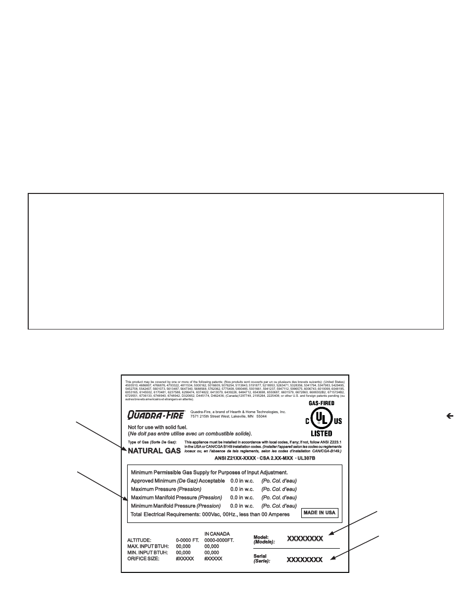 Listing label information/location, Homeowner reference information, Model number о | Nn a a tura l tura l ga s ga s | Quadra-Fire QVI-25FB-S User Manual | Page 2 / 41