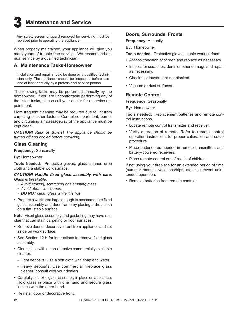 Maintenance and service | Quadra-Fire QF130 User Manual | Page 12 / 41