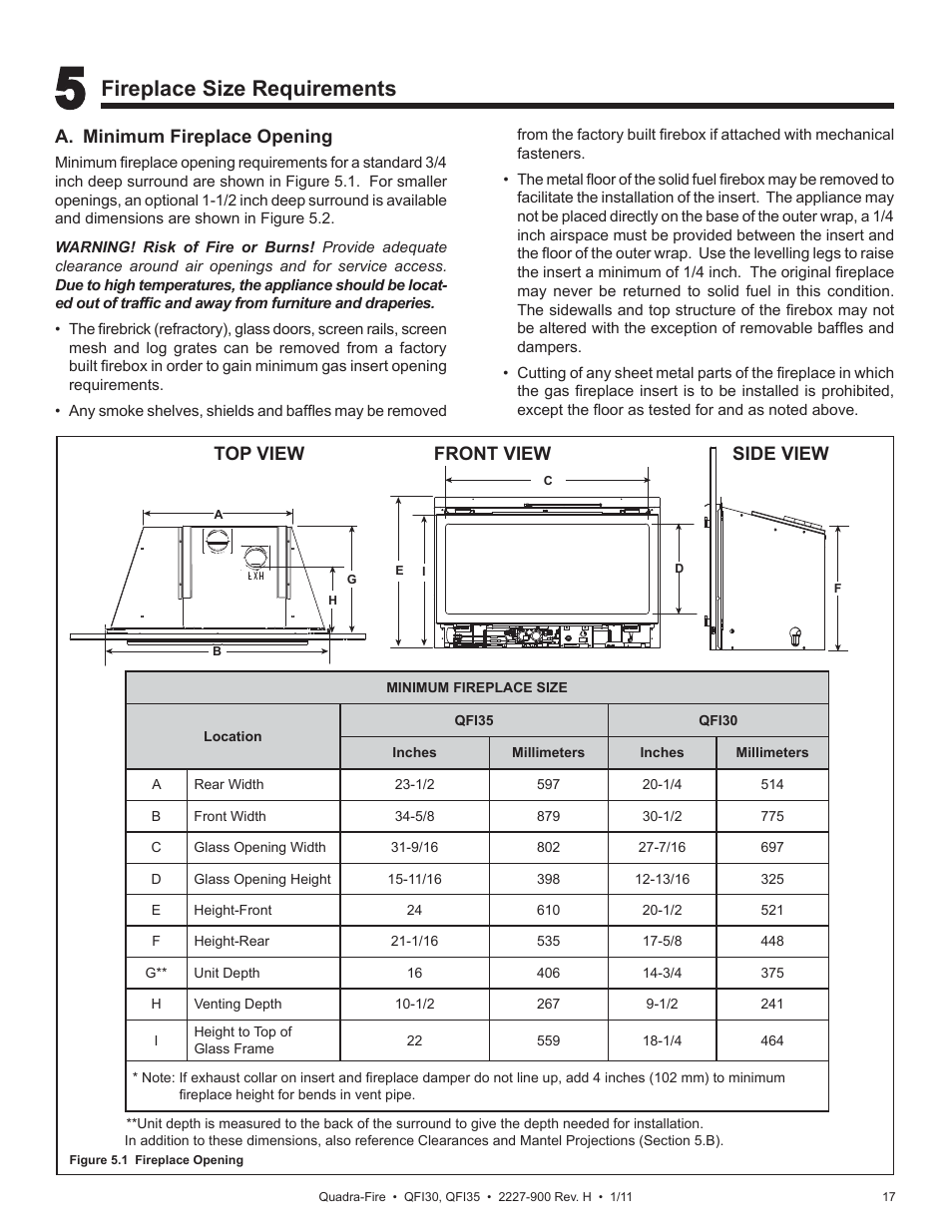 Fireplace size requirements | Quadra-Fire QF130 User Manual | Page 17 / 41