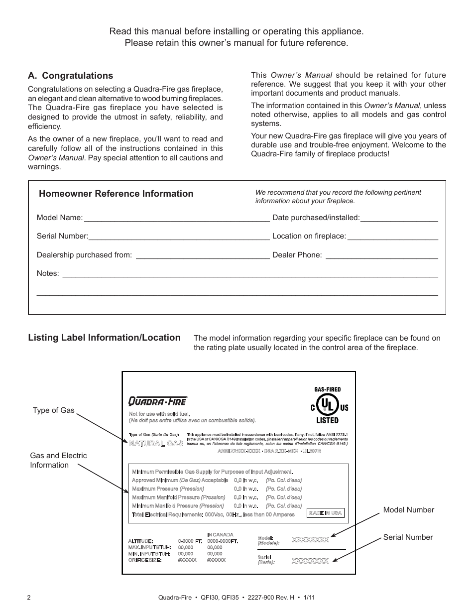 Listing label information/location, Homeowner reference information | Quadra-Fire QF130 User Manual | Page 2 / 41