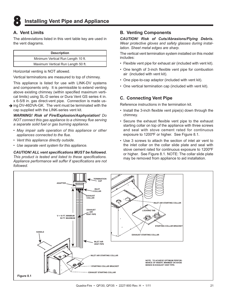Installing vent pipe and appliance, B. venting components, C. connecting vent pipe | A. vent limits | Quadra-Fire QF130 User Manual | Page 21 / 41
