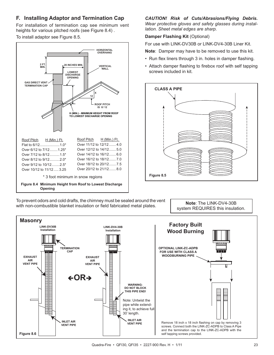 F. installing adaptor and termination cap, Masonry factory built wood burning | Quadra-Fire QF130 User Manual | Page 23 / 41
