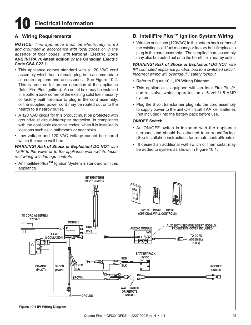 Electrical information, A. wiring requirements, B. intellifire plus™ ignition system wiring | Quadra-Fire QF130 User Manual | Page 25 / 41