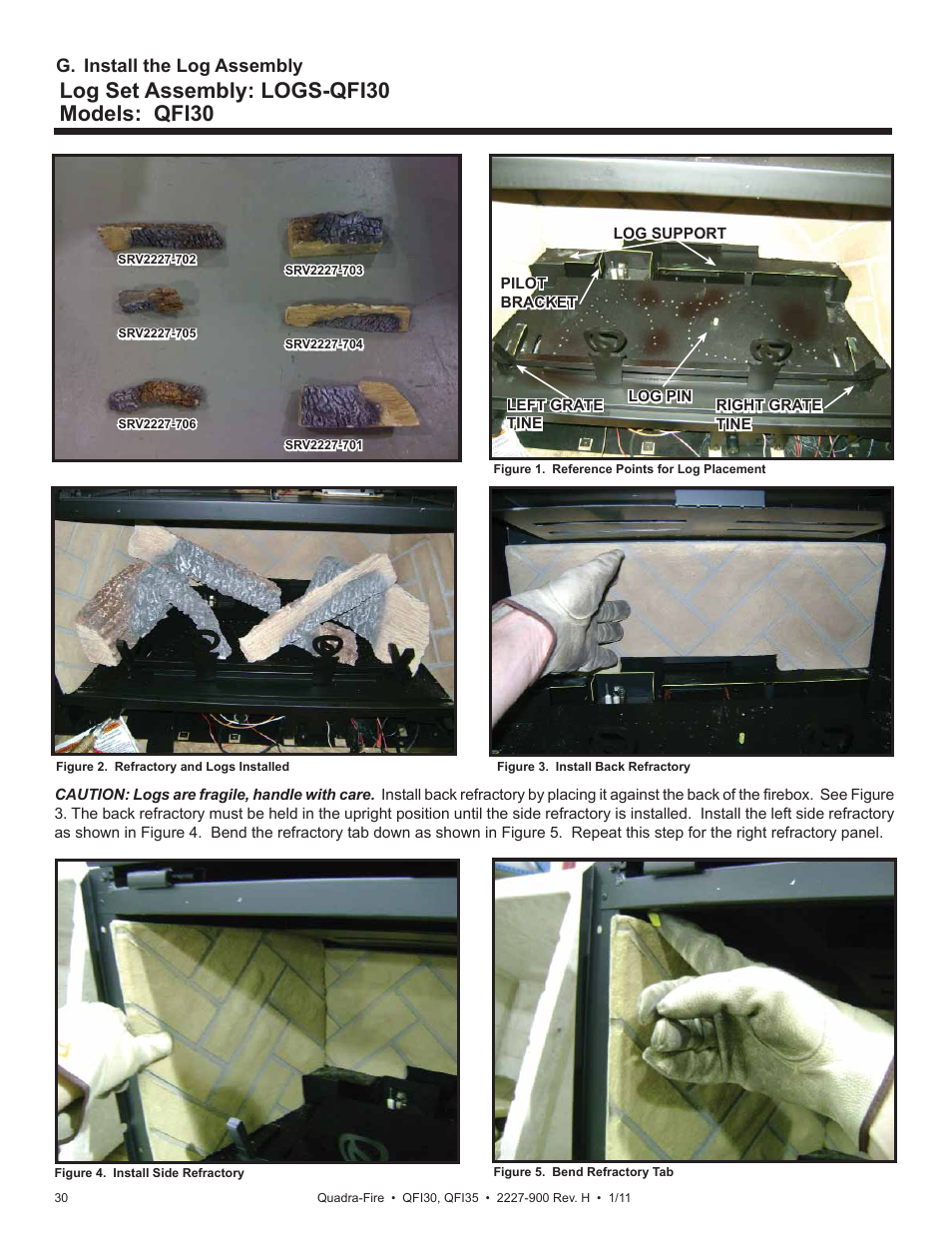 Log set assembly: logs-qfi30 models: qfi30, G. install the log assembly | Quadra-Fire QF130 User Manual | Page 30 / 41