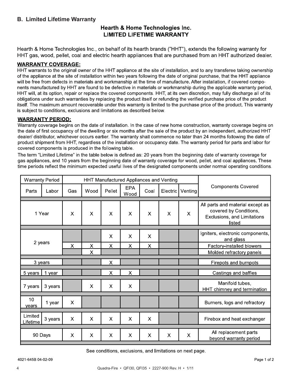 B. limited lifetime warranty | Quadra-Fire QF130 User Manual | Page 4 / 41