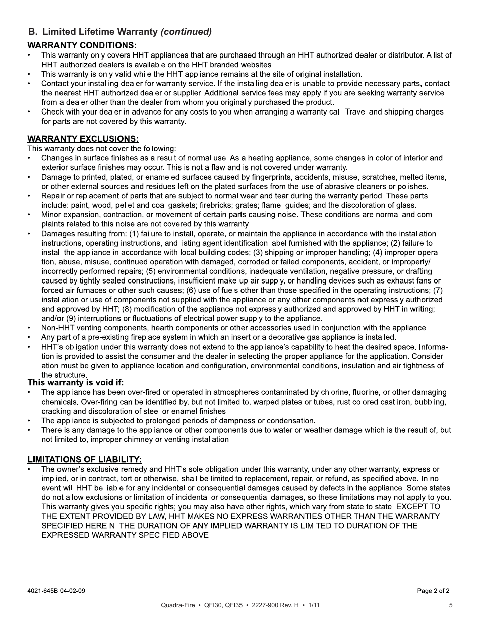 B. limited lifetime warranty (continued) | Quadra-Fire QF130 User Manual | Page 5 / 41